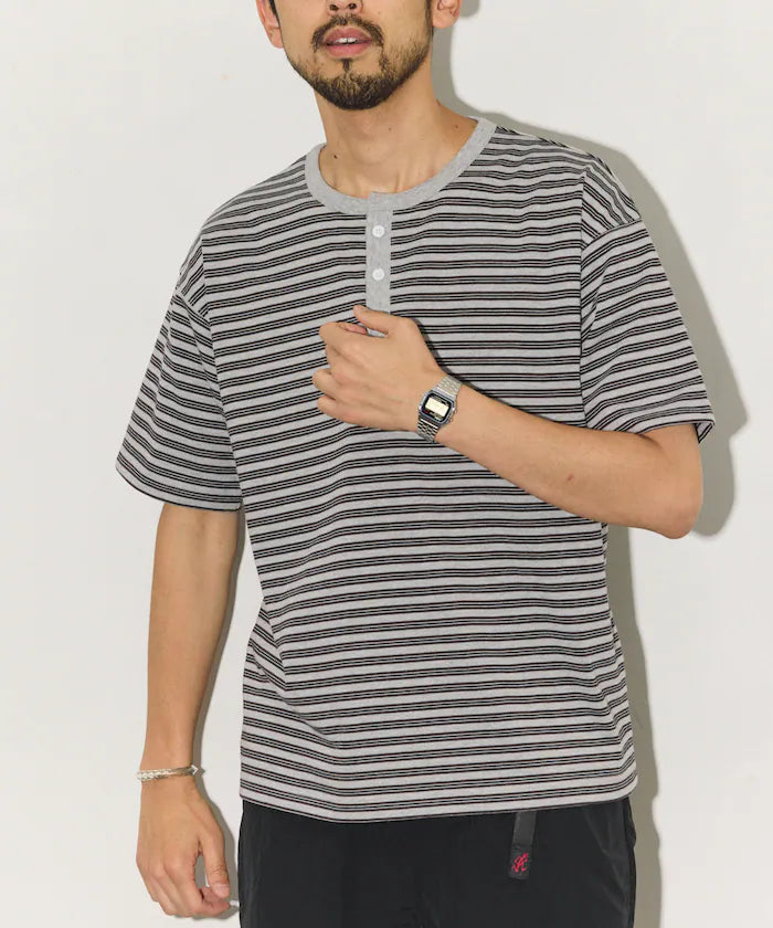 Multi-border Henley Neck Short Sleeve T-shirt
