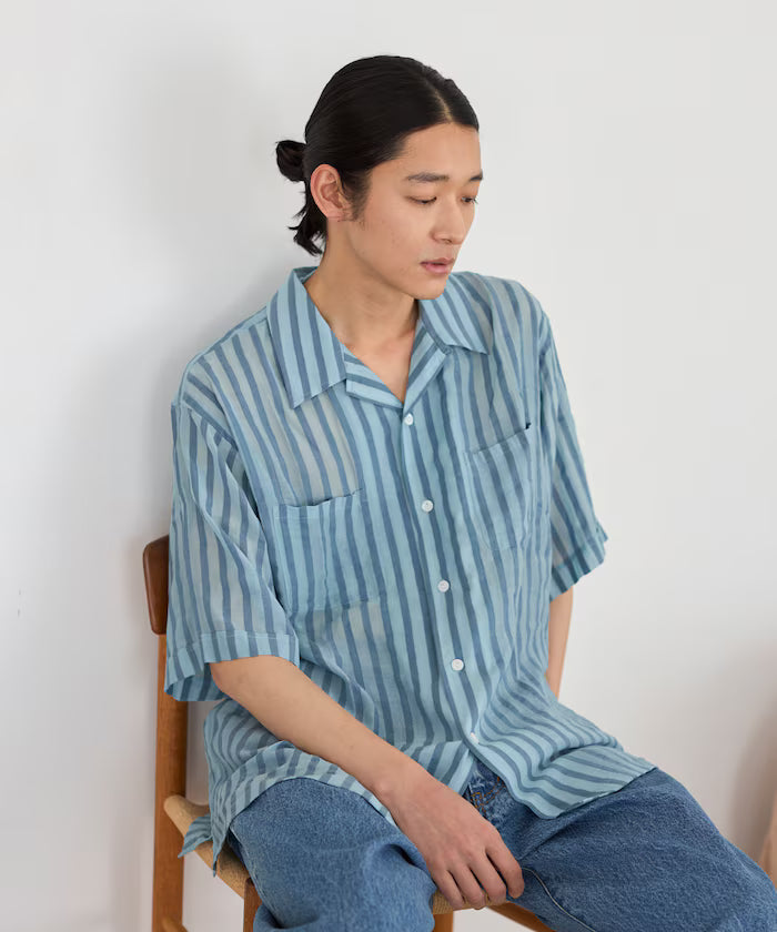 Indian-made Relaxed Fit Wide Stripe Sheer Sucker Open Collar Short Sleeve Shirt