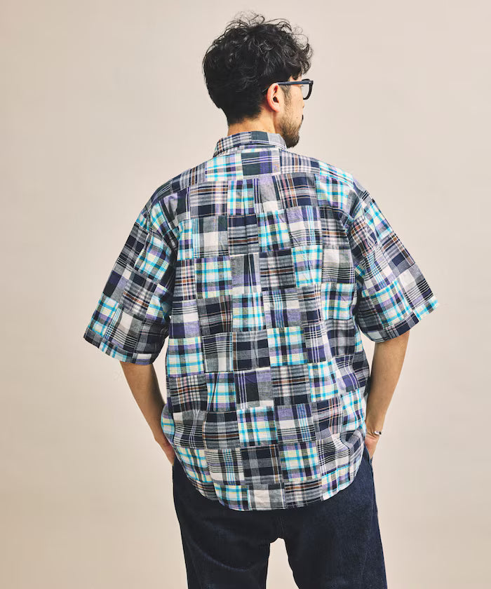 Indian-made Relaxed Fit Madras Check Patchwork Button-down Short Sleeve Shirt