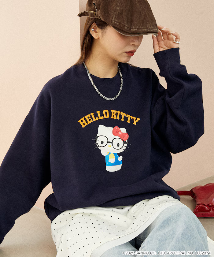 "HELLO KITTY/Hello Kitty" glasses college-style sweatshirt limited edition - Navy