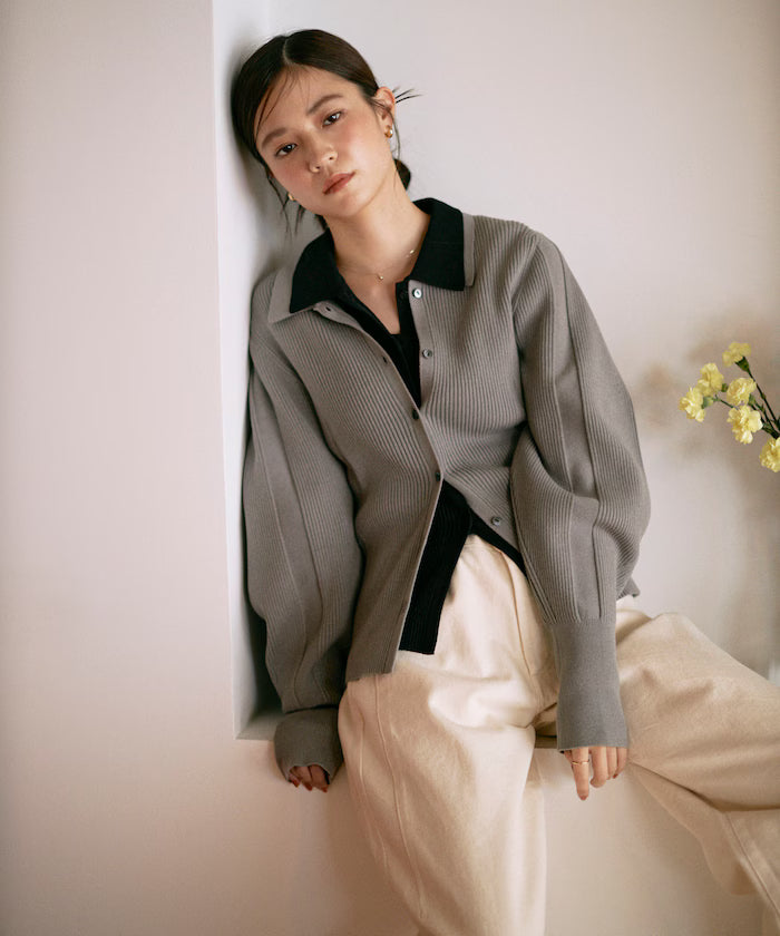 Functional material silk blend knit polo volume sleeve knit cardigan / anti-pill / machine washable