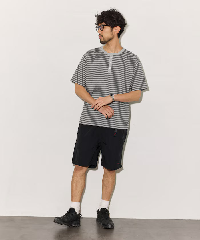 Multi-border Henley Neck Short Sleeve T-shirt