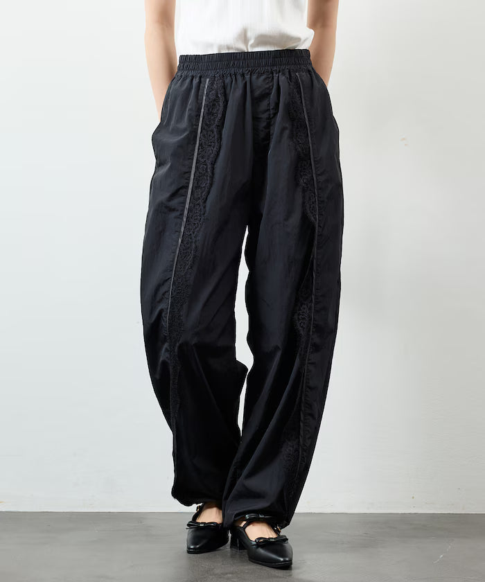 Nylon Lace Easy Wide Pants - Black