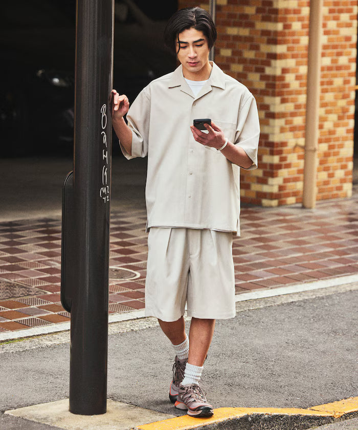 [New Color Addition] Quick-Dry Material Relaxed Fit Open Collar Short Sleeve Shirt Linen-Like