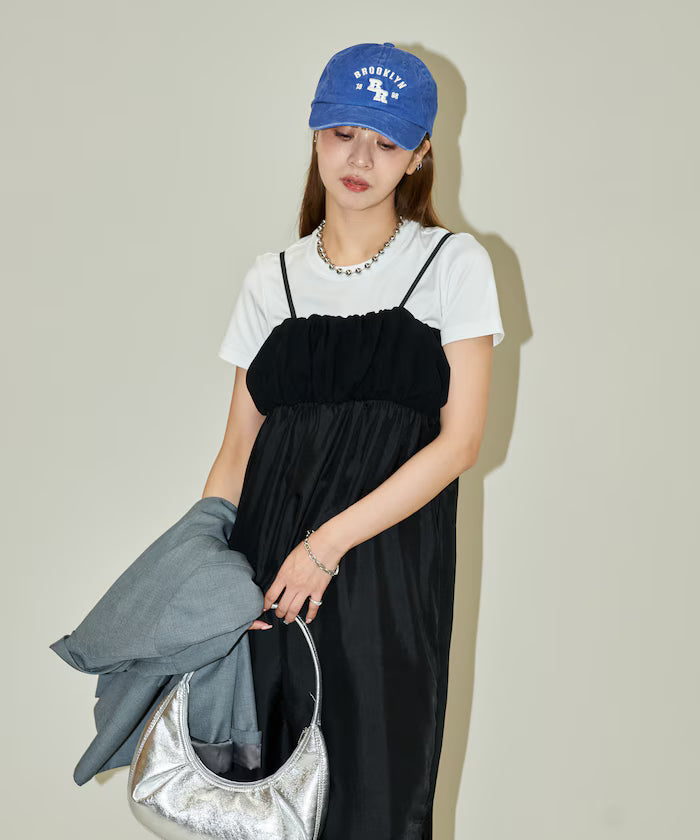 Mixed Material Shirring Satin Dress Limited Release