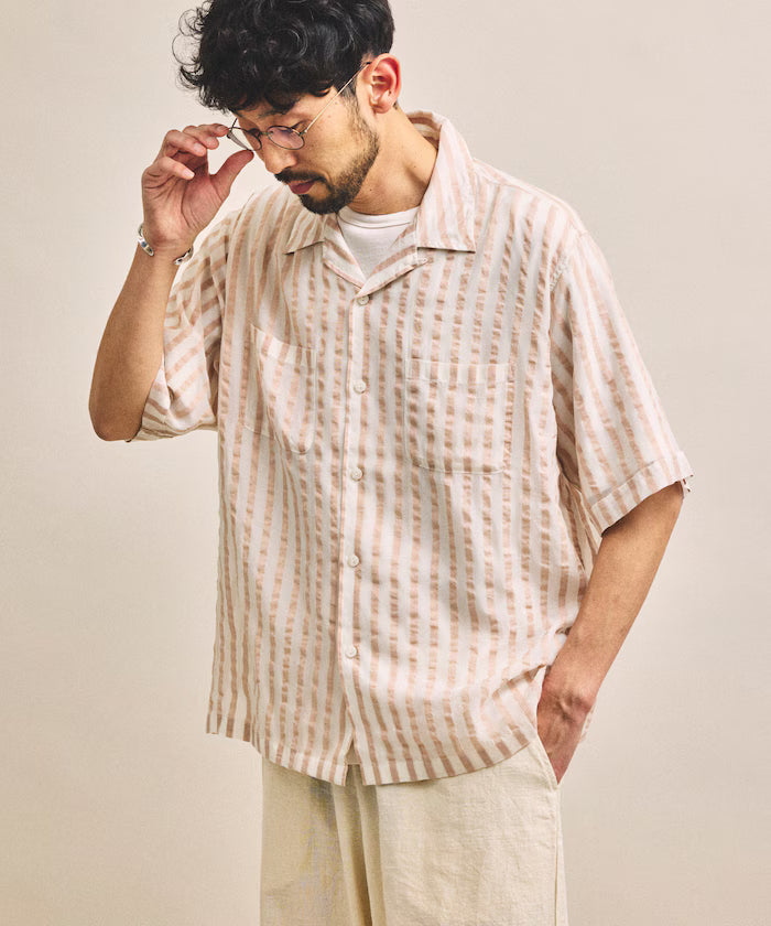 Indian-made Relaxed Fit Wide Stripe Sheer Sucker Open Collar Short Sleeve Shirt