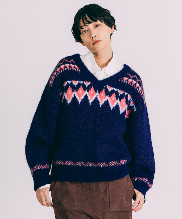 V-neck color block Nordic pattern knit - Navy