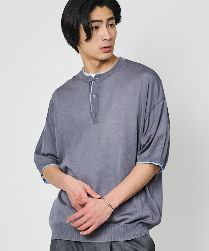 Limited Edition Relaxed Fit Color Block Henley Neck Knit - Gray