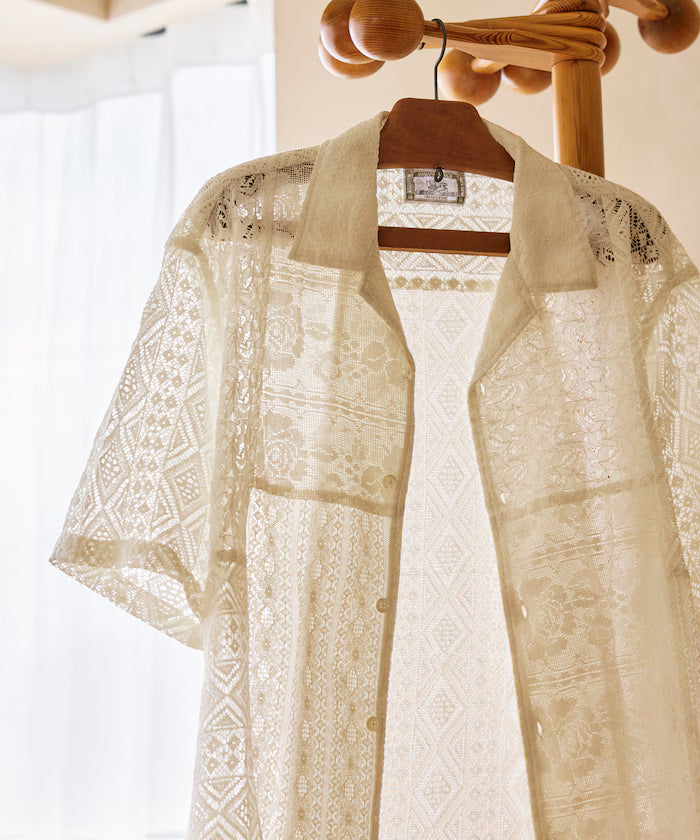 India-made Patchwork Lace Sheer Relaxed Fit Open Collar Shirt Short Sleeve