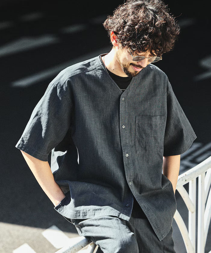 LINEN COTTON V NECK SHIRT