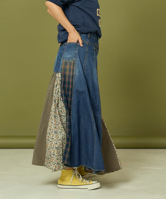 Side Front Denim Color Block Flared Skirt