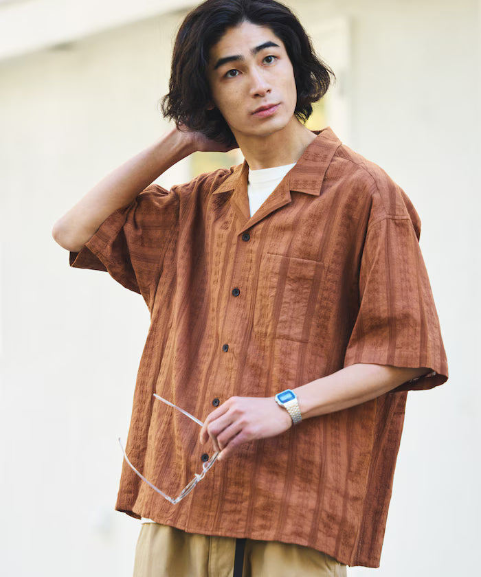 Relaxed Fit Allover Jacquard Open Collar Shirt [Limited Edition] - Brown