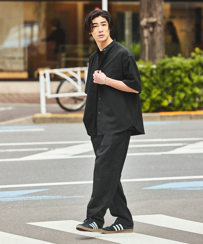 [New Color Added] Quick-Dry Material Relaxed Fit Band Collar Shirt Short Sleeve Linen Feel