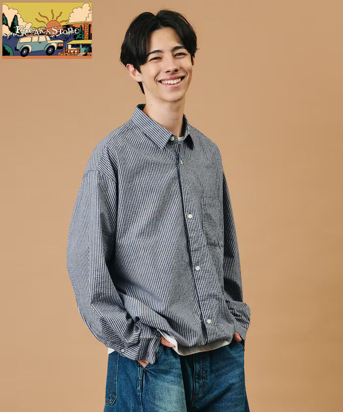 FREAK'S STORE for BEACH & FES Seersucker Spindle Regular Collar Long Sleeve Shirt - Blue Stripe