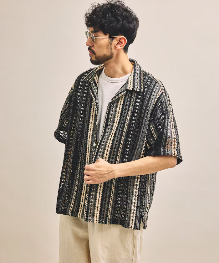New color added: Indian-made relaxed fit all-over lace multi-stripe open collar short sleeve shirt