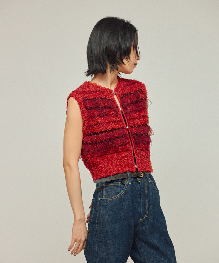 Mixed Material Fringe Knit Vest / Striped Knit Vest 25AW