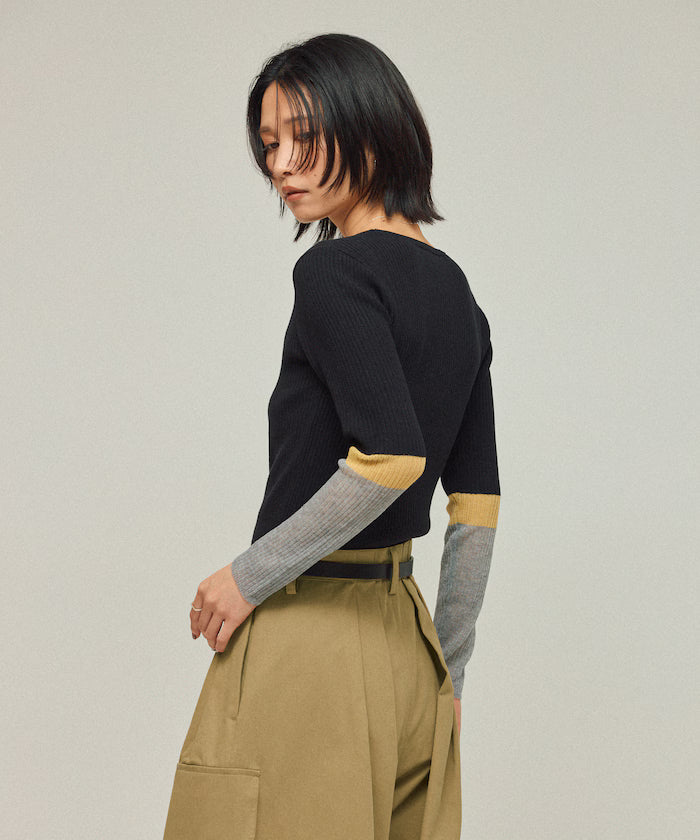 Functional material silk blend color block knit pullover / anti-pill / machine washable