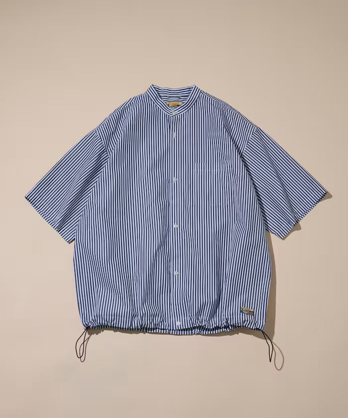 Typewriter Spindle Band Collar Stripe Short Sleeve Shirt