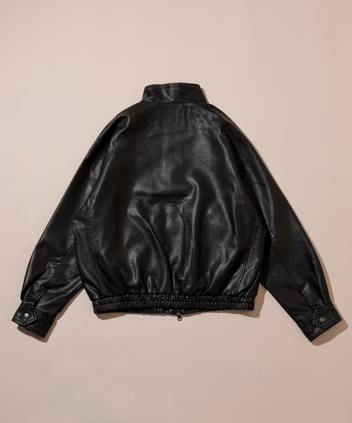 Washed processed leather red stand collar zip-up short blouson