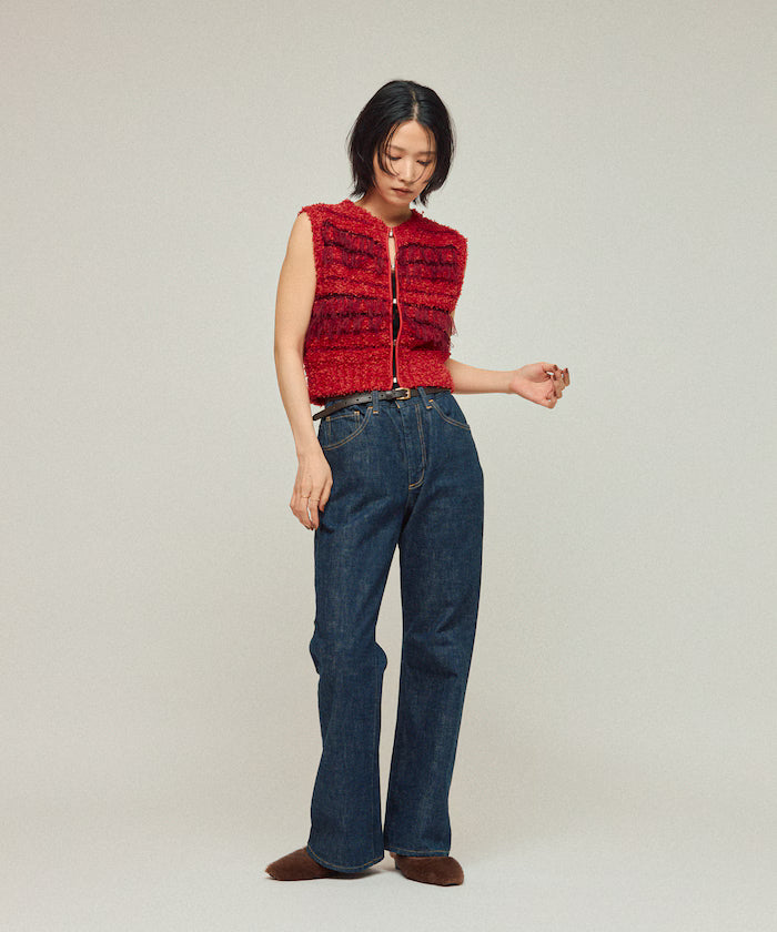Mixed Material Fringe Knit Vest / Striped Knit Vest 25AW