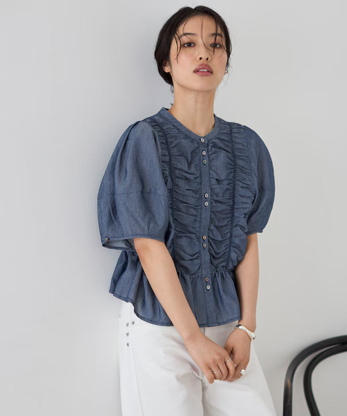 Sheer Shirring Volume Sleeve Blouse / 5 Short Sleeves
