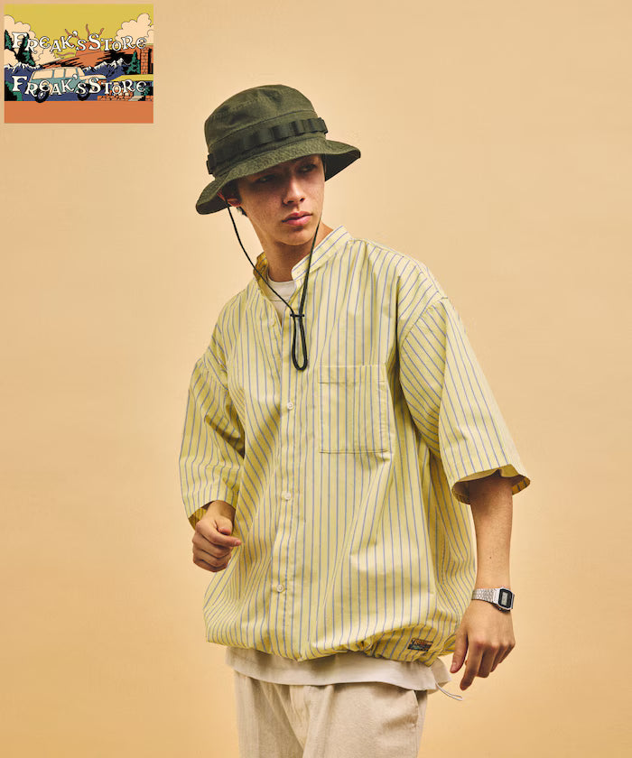 Typewriter Spindle Band Collar Stripe Short Sleeve Shirt - Yellow