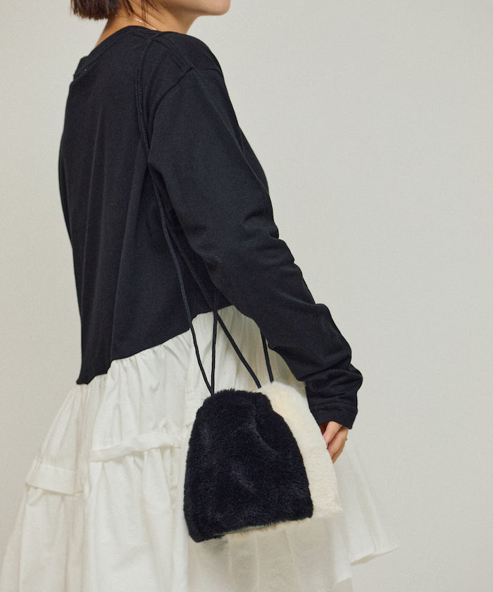 Fake Fur Mini Drawstring Bag - Black