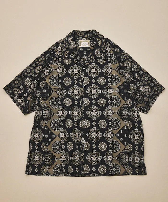 [New color added] Indian-made Relaxed Fit Batik Pattern Print Open Collar Shirt Short Sleeve Small Pattern