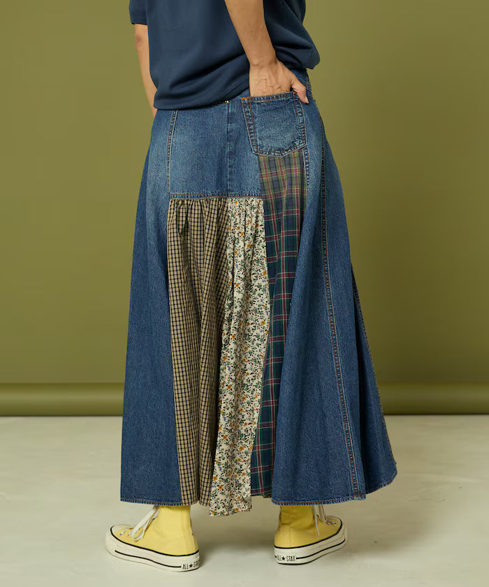 Side Front Denim Color Block Flared Skirt
