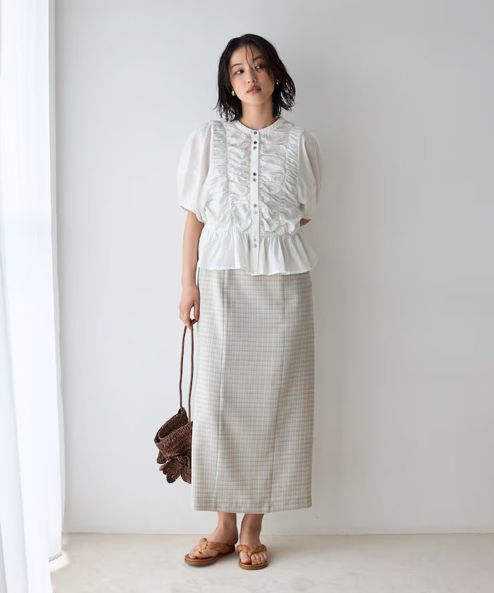 Sheer Shirring Volume Sleeve Blouse / 5 Short Sleeves