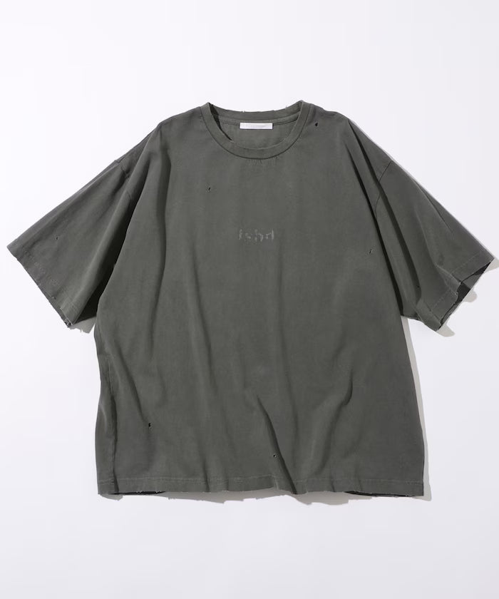 7.3 oz damaged processed front logo print short sleeve T-shirt / oversized crew neck short sleeve T-shirt