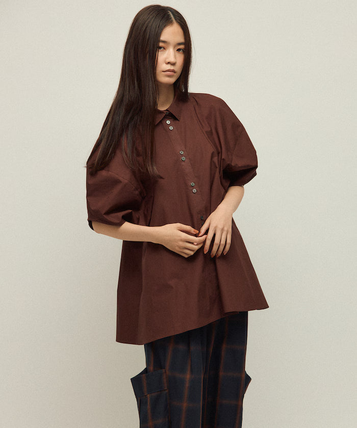 Switching Design Balloon Sleeve Shirt / 5-Minute Sleeve Blouse