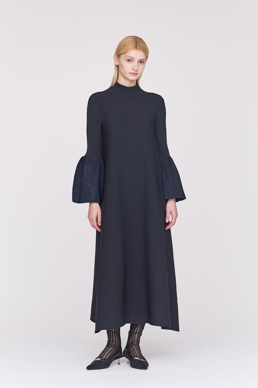 POTTERY GLITTER MOCKNECK LONG BELL SLEEVE FLARE DRESS