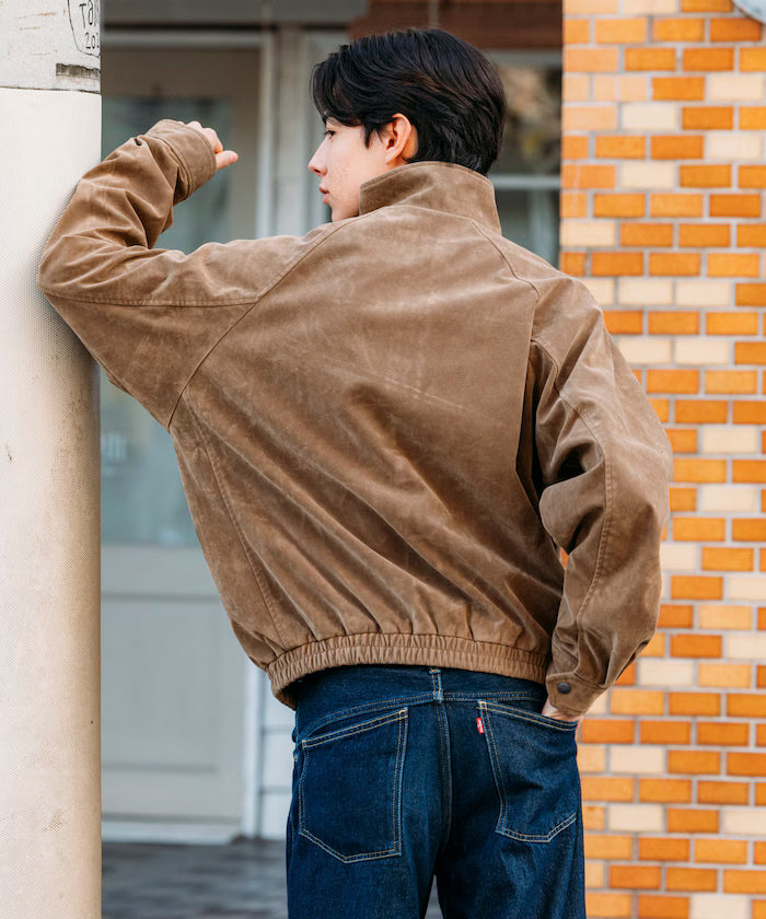 Washed processed leather red stand collar zip-up short blouson