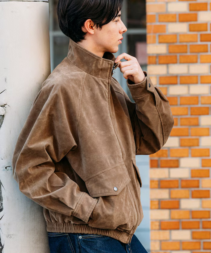 Washed processed leather red stand collar zip-up short blouson - Beige