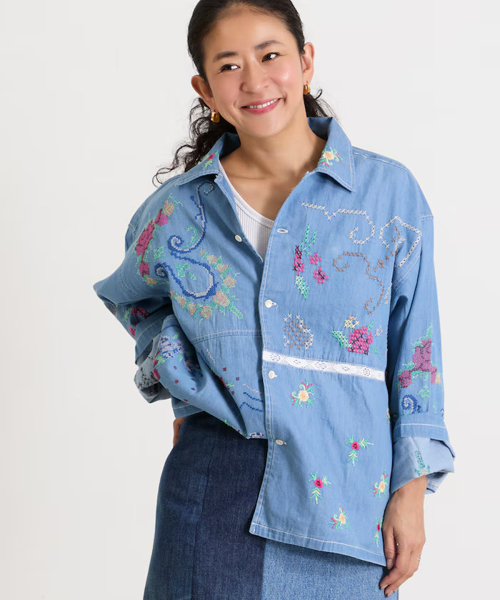 Open Collar Embroidered Shirt Jacket