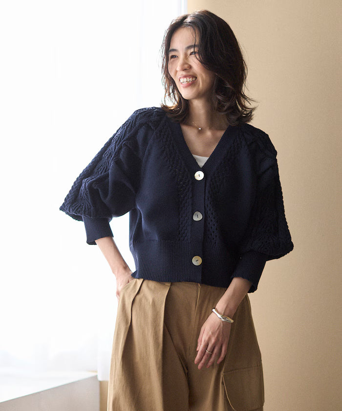Variation Button Volume Sleeve Cable Knit Cardigan