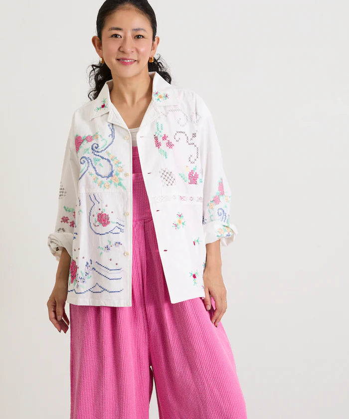 Open Collar Embroidered Shirt Jacket
