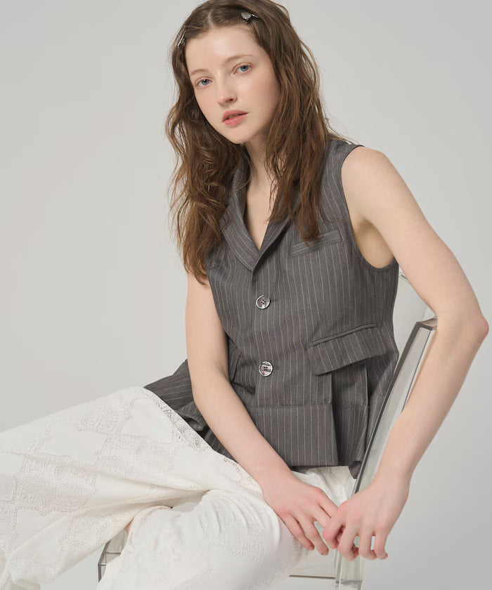 Pinstripe Flare Hem Short Vest - Gray