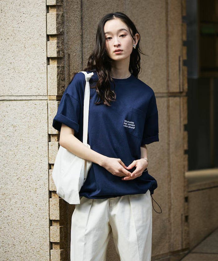 Big silhouette one-point embroidery back print hem code pocket T-shirt [Limited Edition]