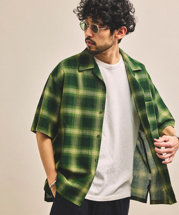 Dyed Ombre Check Open Collar Short Sleeve Sheer Shirt Relaxed Fit - Olive