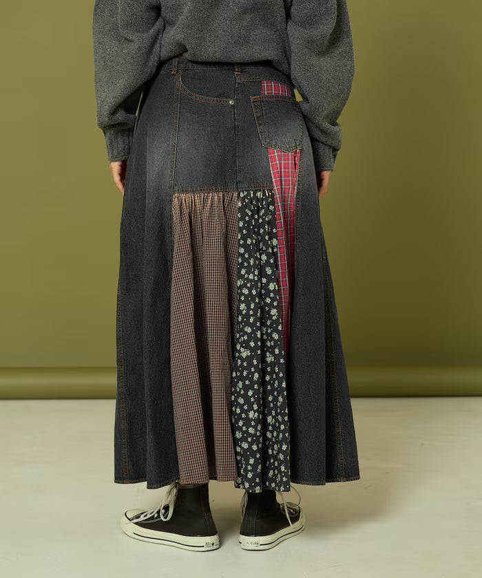 Side Front Denim Color Block Flared Skirt