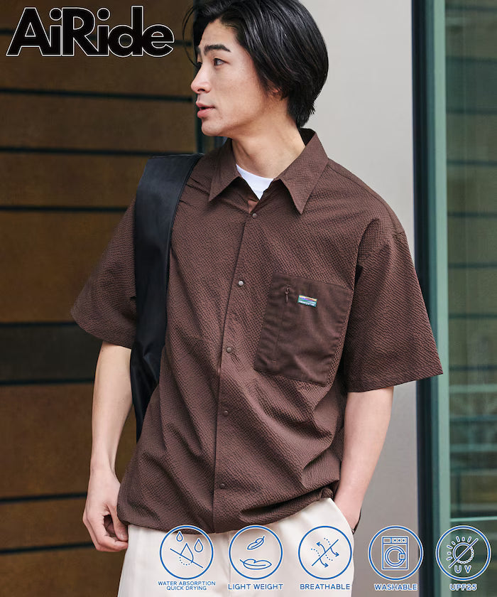 Limited Release AiRide Air Ride Relax Fit Mixed Material Pocket Seersucker Shirt Quick Dry Moisture Wicking UV Cut - Brown
