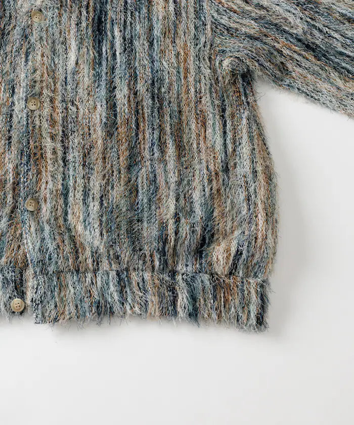 Relaxed Fit Shaggy Knit Multi-Stripe Cardigan