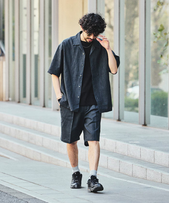 LINEN COTTON OPEN COLLAR SS SHIRT