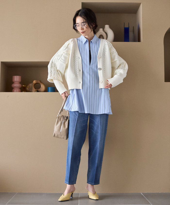 Variation Button Volume Sleeve Cable Knit Cardigan