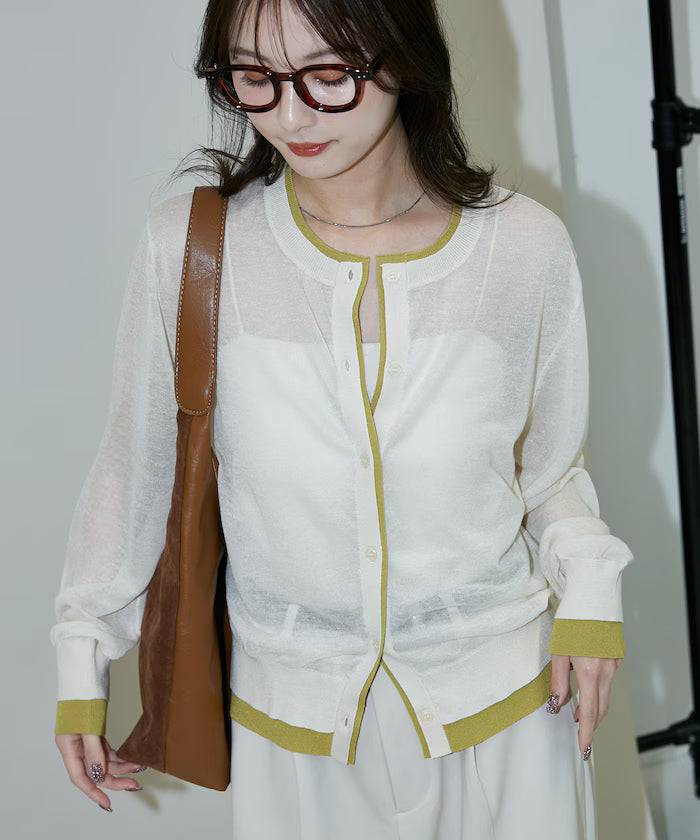 Washable Linen Color Block Sheer Knit Cardigan Limited Edition