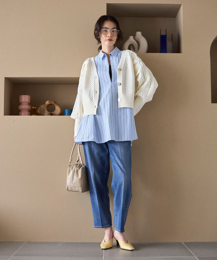 Variation Button Volume Sleeve Cable Knit Cardigan