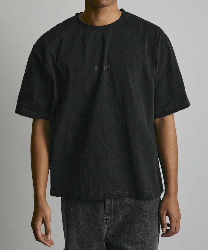 7.3 oz damaged processed front logo print short sleeve T-shirt / oversized crew neck short sleeve T-shirt
