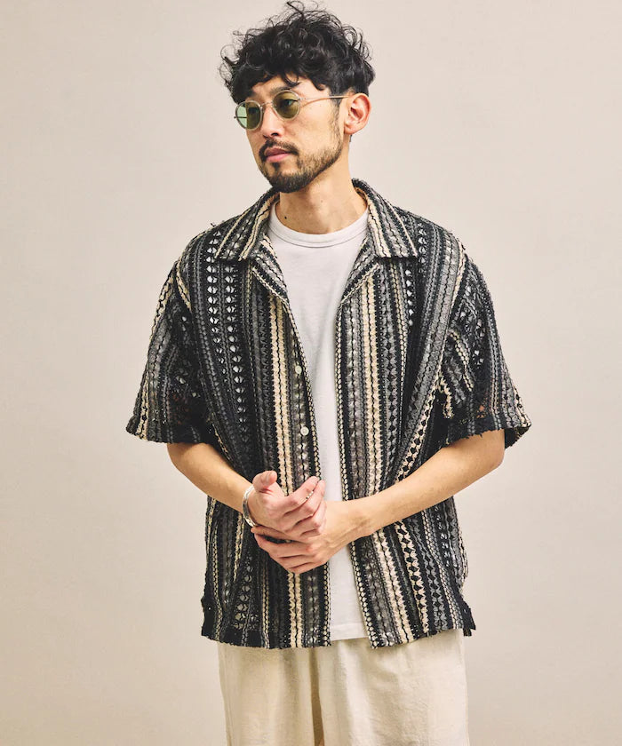 New color added: Indian-made relaxed fit all-over lace multi-stripe open collar short sleeve shirt